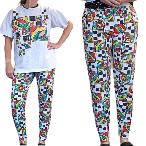 Vintage 80s 90s Streetwear Outfit Artwear Tunic Baggy Tshirt Checkered Set S/M/L - Picture 13 of 13